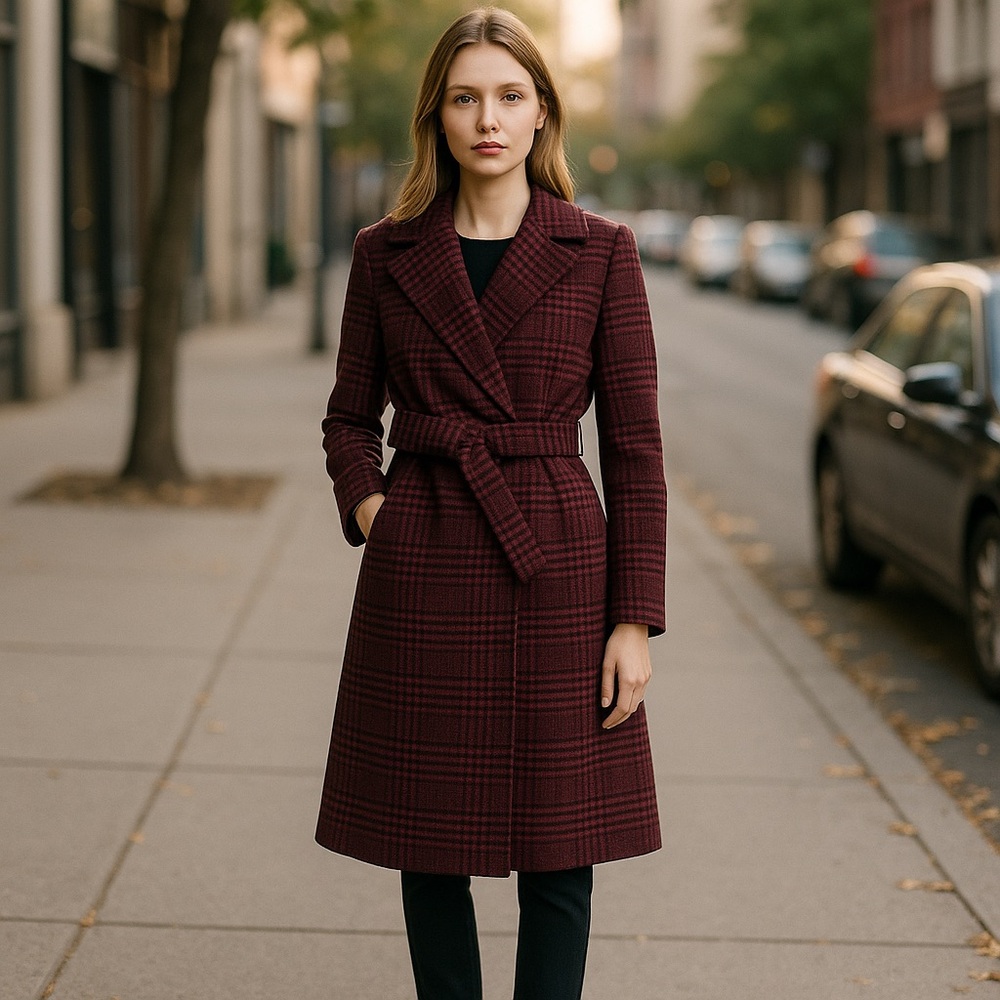 NWT Anne Klein Coat Women's Wool Blend Plaid Belted Wrap Plus Size 14